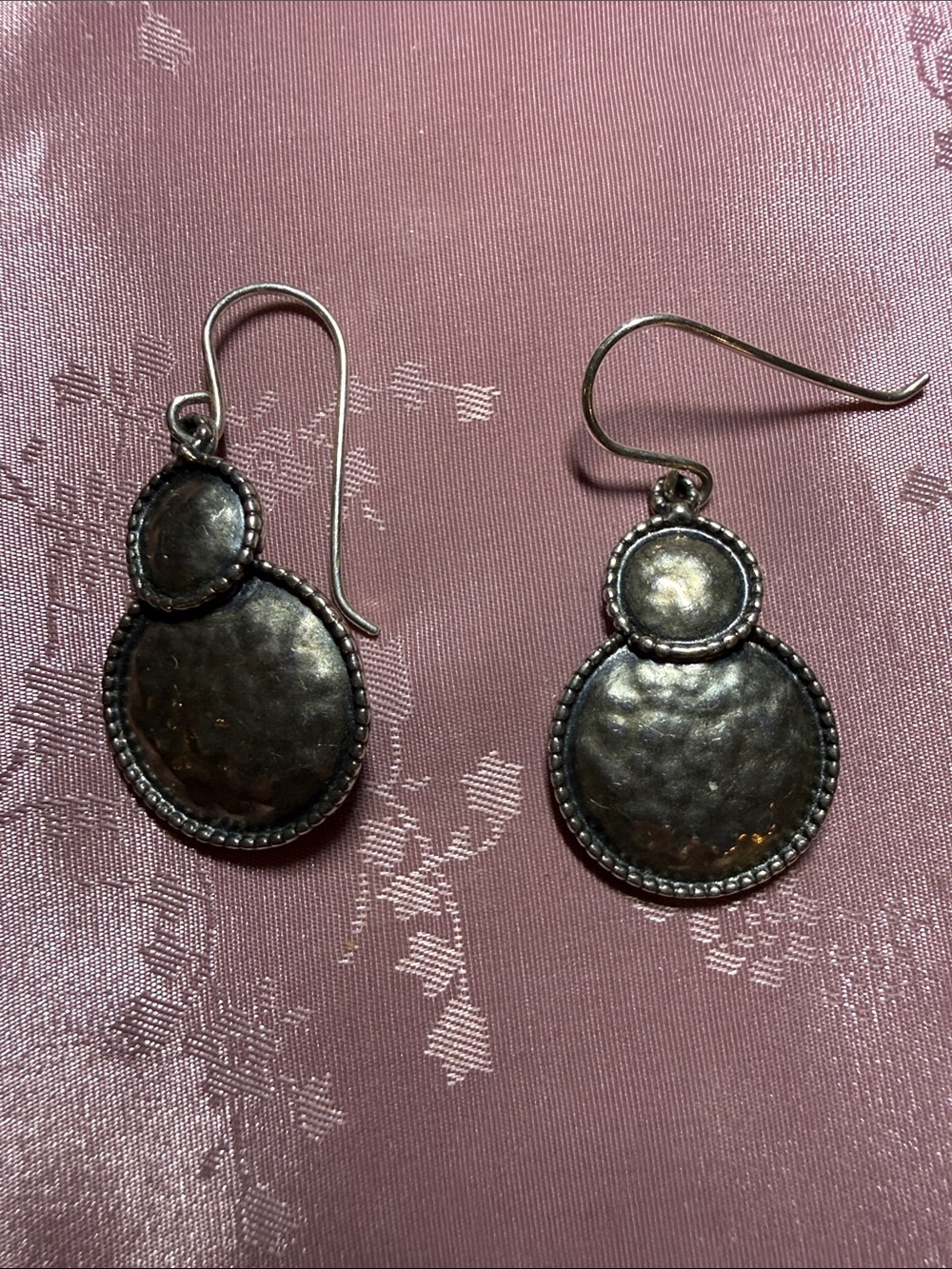 925 Sterling silver Double Disc Hammered Drop Earrings — Antique Silver Finish